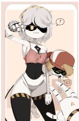 monsterdude15 murder_drones robot white_hair tagme glitch_productions v_(murder_drones) 1girls female male thad_(murder_drones) 1boy cap blonde_hair robot_girl clothing bed angry size_difference