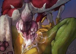 ambiguous_fluids anatomically_correct anatomically_correct_genitalia anatomically_correct_penis animal_genitalia animal_penis anthro anus balls bodily_fluids butt canid canine canine_balls canine_genitalia canine_penis cum cum_in_cloaca cum_inside cum_string duo el_kyze fennec_fox fox genital_fluids genitals half_bomb hand_holding hi_res kissing knot knotted_penis male male/male mammal penetration penis rear_view rekie_(suel) reptile scalie simple_background slit_penetration slit_play snake true_fox vamiss_(suel) viper wet