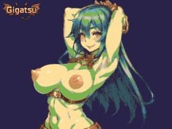 gigatsu ai_generated pixel_art pixel_animation gif twitching animated animation limited_palette ai_assisted aseprite_(artwork) green_skin seductive breasts breasts_out nipples armpit green_hair looking_at_viewer arms_behind_head