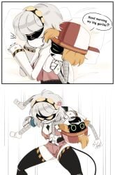 monsterdude15 murder_drones robot white_hair tagme glitch_productions v_(murder_drones) 1girls female male thad_(murder_drones) 1boy cap blonde_hair robot_girl clothing bed angry scared