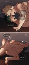 2koma abs anal anus ass bakugou_katsuki barefoot bed bed_sheet bedroom blanket blonde_hair boku_no_hero_academia completely_nude cum_in_ass feet freckles gay gay_male green_hair hug indoors izuku_midoriya katsuki_bakugou legs messy_hair midoriya_izuku my_hero_academia night nude nyxdrawhine on_bed pectorals penis pillow scar sex shounen_jump siles spiked_hair testicles toes um yaoi