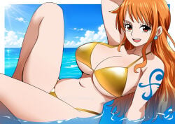 1girls arm_support arms_behind_head bikini blush degamishiro female female_only gold_bikini golden_bikini huge_breasts looking_at_viewer nami_(one_piece) ocean one_piece partially_submerged smile soaking solo thick_thighs upper_teeth water wide_hips