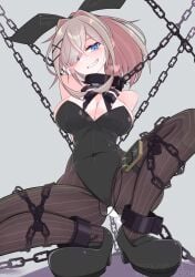 1girl absurdres animal_ear_hairband animal_ears blonde_hair blue_eyes breasts chain collar commentary_request cuffs electrostimulation fake_animal_ears fake_tail female female_only grin hair_over_one_eye hairband highres large_breasts looking_at_viewer menou_74 metal_collar nijisanji pantyhose ponytail pussy_juice rabbit_ear_hairband rabbit_ears rabbit_tail shackles smile solo squatting striped_clothes striped_pantyhose suzuhara_lulu tail variant_set virtual_youtuber