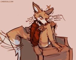 2026 anthro balls biped brown_body brown_fur canid canine canis cantio_(lawyerdog) clothing collar coyote digital_media_(artwork) digitigrade eye_bags fur genitals lawyerdog male mammal multicolored_body multicolored_fur paws red_clothing red_topwear sitting solo tail tail_motion tailwag tan_body tan_fur topwear whining white_balls white_body white_fur