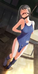1girl absurdres ball_gag bdsm black_hair blue_one-piece_swimsuit bondage bound bound_ankles bound_arms breasts classroom cuffs dildo dildo_under_clothes gag gagged hanged highres indoors long_hair new_school_swimsuit object_insertion one-piece_swimsuit original po-i-mu pussy_juice restrained school_swimsuit sex_toy small_breasts socks solo swimsuit vaginal vaginal_object_insertion wiffle_gag