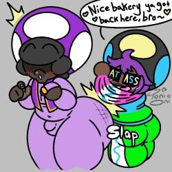1:1 2boys afro big_butt big_lips black_hair blush blush_lines bottomwear bulge butt butt_slap clothing dark-skinned_femboy dark-skinned_male dark-skinned_sub dark-skinned_twink dark_body dark_male_only dark_skin dialogue duo elemental_creature elemental_humanoid english_text eyewear femboy flirting fungi_fauna fungi_humanoid fungus grey_background hair heart_symbol humanoid jacket lips male male/male mario_(series) motion_lines mushroom mushroom_cap mushroom_humanoid nintendo obscured_eyes purple_hair shocked shorts signature simple_background skinsuit slap slapping_ass slapping_butt sunglasses surprised text tight_clothing toad_(mario) tongue tongue_out toni_oni topwear very_dark_skin vest