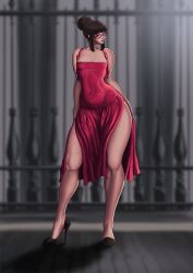 1girl bare_shoulders black_hair breasts brown_hair cleavage contrapposto covered_navel curvy dress full_body gin63 glasses hair_bun high_heels lips lipstick makeup red-framed_eyewear red_dress side_slit sidelocks single_hair_bun small_breasts solo sophia_(rezart) standing wide_hips