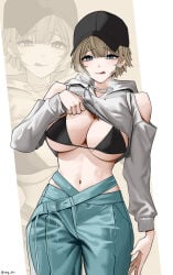 baseball_cap blue_eyes blush bra breasts brown_hair cleavage closed_mouth cowboy_shot crop_top curvy goddess_of_victory:_nikke hat highres huge_breasts kirirei_228 large_breasts licking_lips looking_at_viewer naughty_face navel pants prika_(nikke) short_hair solo tongue tongue_out voluptuous zoom_layer