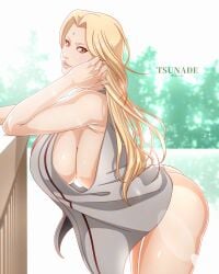 1girls saburo_des highres high_resolution tsunade naruto_(series) naruto mature mature_female mature_woman milf blonde_hair hair forehead_jewel brown_eyes lips huge_breasts big_breasts breasts watermark artist_name solo solo_female female female_only sideboob side_view robe robe_only ass character_name