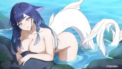 1girls 1girl blue_hair blue-haired_female purple_eyes purple-eyed_female violet_eyes violet-eyed_female tilted_head head_tilt smile smiling smiley_face smiling_at_viewer closed_mouth_smile light_smile slight_smile partially_submerged partially_submerged_legs submerged_legs submerged_feet arm_support busty busty_female busty_girl large_breasts large_boobs big_breasts big_boobs plump_breasts huge_breasts huge_boobs breasts tail dayyo_(daydarion/day-chan) water braid braids braided_hair twin_braids braided_twintails leaning leaning_forward nude naked nudity naked_female nude_female exposed naked_woman completely_nude completely_naked fully_nude fully_naked completely_naked_female completely_nude_female topless topless_female outdoor outdoors outside outdoor_nudity character_request copyright_request