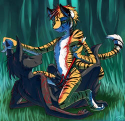 anthro black blue_eyes canine cheeger cheetah claws dodedo ear_piercing earring erection feline frottage fur furry furry_only furryskibum gay green_eyes hair hybrid male markings maverickcowboy no_humans nude penis piercing ribbons spots stripes tail tiger wolf