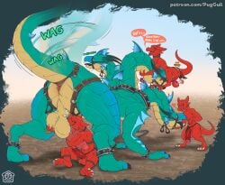 3_heads anthro anthro_on_feral anus ball_grope balls bestiality bottomwear bridle chain claws clothing collar dialogue dragon ear_frill english_text european_mythology feral frill_(anatomy) genitals greek_mythology green_body green_scales group hi_res horn hydra kobold loincloth male male/male multi_head mythological_creature mythological_scalie mythology oral oral_penetration penetration penis puggy red_body red_scales scales scalie tack tail tail_motion tailwag text tongue tongue_out url whimper
