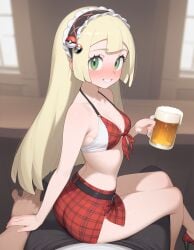 ai_generated blonde_female flat_chest green_eyes heavenly_body high_heels lap_dance lillie_(pokemon) micro_bra miniskirt petite_female pokemon prostitution seductive_look sexy_pose slutty_body slutty_female small_ass small_breasts tempting tempting_viewer waitress_outfit