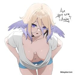 1girl 1girls adult adult_female bent_forward bent_over black_choker blonde blonde-haired_female blonde_female blonde_hair blonde_hair_female breasts busty busty_female busty_girl character_request choker clothes copyright_request dangling_breasts dayyo_(daydarion/day-chan) glasses glasses_on_face glasses_on_head hanging-breasts hanging_breasts inguinal_crease inguinal_ligament large_breasts leaning leaning_forward mature mature_female mole mole_on_body mole_on_cheek mole_on_face mole_under_eye no_bra open_mouth parted_lips purple-eyed_female purple_eyes round_glasses shirt tongue topwear violet-eyed_female violet_eyes white_clothes white_shirt white_topwear
