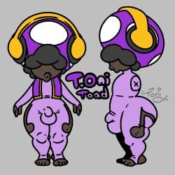 afro barefoot big_butt black_hair bulge butt clothing dark-skinned_femboy dark-skinned_male dark-skinned_twink dark_body dark_skin electronics elemental_creature elemental_humanoid fan_character feet femboy fungi_fauna fungi_humanoid fungus grey_background hair headphones humanoid lips male mario_(series) markings mole_(marking) mushroom mushroom_cap mushroom_humanoid nintendo obscured_eyes side_view signature simple_background skinsuit solo solo_male text tight_clothing toad_(mario) toes toni_oni topwear very_dark_skin vest