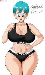1girls ai_assisted ai_generated big_ass big_breasts blacked blacked_clothing blue_eyes blue_hair breasts bulma_briefs cleavage dragon_ball dragon_ball_super dragon_ball_z earrings edit english_text female female_focus female_only grok large_breasts light-skinned_female light_skin lipstick looking_at_viewer mature mature_female milf older_female panarandom panties short_hair solo sports_bra text thick_thighs thighs voluptuous wide_hips