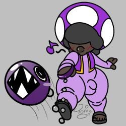 5_toes afro black_hair blush blush_lines bulge chain_chomp clothing dark-skinned_femboy dark-skinned_male dark-skinned_twink dark_body dark_skin elemental_creature elemental_humanoid fan_character feet femboy footwear fungi_fauna fungi_humanoid fungus glistening glistening_body grey_background hair humanoid lips male mario_(series) mushroom mushroom_cap mushroom_humanoid musical_symbol nintendo obscured_eyes sandals sharp_teeth shoes signature simple_background skinsuit smile solo solo_male symbol teeth tight_clothing toad_(mario) toes toni_oni topwear very_dark_skin vest walking