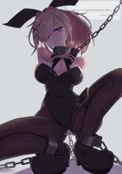 1girl absurdres animal_ear_hairband animal_ears blonde_hair blue_eyes breasts chain collar commentary_request cuffs electrostimulation fake_animal_ears fake_tail female female_only grin hair_over_one_eye hairband highres large_breasts looking_at_viewer menou_74 metal_collar nijisanji pantyhose ponytail pussy_juice rabbit_ear_hairband rabbit_ears rabbit_tail shackles smile solo squatting striped_clothes striped_pantyhose suzuhara_lulu tail variant_set virtual_youtuber