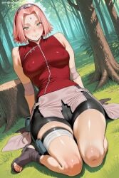 savvyraexo ai_generated patreon seductive sexy uncensored watermark hi_res high_quality high_resolution sakura_haruno naruto haruno_sakura 1girl pink_hair solo bike_shorts forehead_protector konohagakure_symbol green_eyes breasts blush tree sitting short_hair bandages smile grass sleeveless covered_nipples bandaged_leg ninja large_breasts open_toe_shoes looking_at_viewer headband shorts outdoors