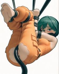 1girl 1girls ai_generated anus blue_eyes blush bondage bound clothed clothed_female clothing feet female female_only foot_fetish green_eyes green_hair light-skinned_female light_skin looking_at_viewer motorslice p_(motorslice) pussy_peek ripped_clothing ripped_pants solo solo_female tagme tentacle vagina
