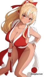 1girls 1girl blonde_hair blonde blonde_female blonde-haired_female blonde_hair_female orange_eyes orange-eyed_female smile smiling smiley_face smiling_at_viewer closed_mouth_smile leaning leaning_forward busty busty_female busty_girl adult adult_female mature_female mature large_breasts large_boobs big_breasts big_boobs plump_breasts huge_breasts huge_boobs nipple_bulge hanging-breasts dangling_breasts brown_skin brown_skinned_female brown-skinned_female dress outfit topwear clothes red_dress red_outfit red_topwear red_clothes slim_waist slender_waist slim_female narrow_waist slender_body lean_figure hand_on_ass hand_on_butt hand_on_own_ass hand_on_own_butt touching_ass touching_butt inguinal_crease inguinal_ligament dayyo_(daydarion/day-chan) standing shiranui_flare vtuber virtual_youtuber vtuberfanart hololive mai_shiranui cosplay cosplaying_as_character dressed_up eyebrows_visible_through_hair mai_shiranui_(cosplay)
