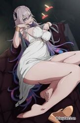 1girls 1girl grey_hair grey-haired_female silver_hair silver-haired_female silver_hair_female white_pupils tilted_head head_tilt posing smile smiling smiley_face smiling_at_viewer parted_lips open_mouth tongue upper_teeth open_mouth_smile busty busty_female busty_girl adult adult_female mature_female mature large_breasts large_boobs big_breasts big_boobs nipple_bulge dress outfit topwear clothes white_dress white_outfit white_topwear white_clothes dark_background dayyo_(daydarion/day-chan) toes toenail_polish toenails nails nail_polish fingernails red_toenail_polish red_toenails red_nails red_nail_polish red_fingernails pochimaru_(vtuber) vtuber virtual_youtuber youtuber youtuber_girl vtuberfanart