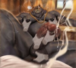 male male_only bara barazoku muscles muscular anthro furry bear ursid scar scar_across_eye overweight zenless_zone_zero ben_bigger penis balls dsharp_k sweat sweating musk sitting spread_legs nude disembodied_hands handjob boner erection cum orgasm