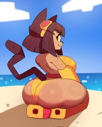 majora317840 majora31 gameoverse ass thick_thighs thighs breasts big_breasts kit_(gameoverse) glitch_productions swimsuit swimwear beach ocean blue_sky clouds 2d 2d_(artwork) digital_media_(artwork) digital_drawing_(artwork) color colored 2026 back_view cat_ears cat_tail catgirl cat_girl cat_humanoid humanoid anthro 1girls female female_only feline feline_humanoid looking_at_viewer looking_back looking_back_at_viewer goggles goggles_on_head brown_hair brown_body brown_skin sitting big_ass big_butt solo solo_female