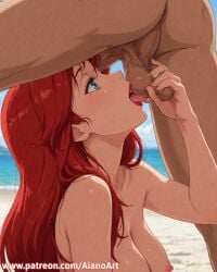 aianoart ai_generated 1girl long_hair breasts blush blue_eyes 1boy medium_breasts nipples hetero nude red_hair outdoors penis day tongue tongue_out mole completely_nude saliva uncensored beach oral testicles fellatio caressing_testicles ariel ariel_(the_little_mermaid) the_little_mermaid the_little_mermaid_(1989_film)