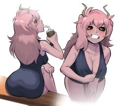 1girl ashido_mina ashido_mina_time-skip ass black_dress boku_no_hero_academia breasts cleavage colored_skin commentary cup disposable_cup dress drinking english_commentary from_behind holding holding_cup horns large_breasts leaning_forward long_hair looking_at_viewer mina_ashido mina_ashido_curvy_(meme) mina_ashido_time-skip my_hero_academia nico-mo pink_hair pink_skin simple_background smile thighs white_background yellow_eyes yellow_horns