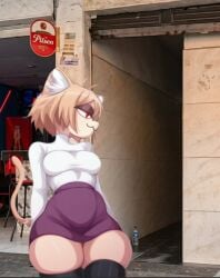 1girl :3 ai_generated alleyway alleyway_milf_(meme) background big_thighs blonde_hair breasts cat_ears cat_tail catgirl colombia edited female half-closed_eyes hips long_sleeves looking_sideways melty_blood neco-arc pedrito5544 pilsen_callao pose purple_skirt sexy sexy_body solo standing thighs trend tsukihime white_shirt