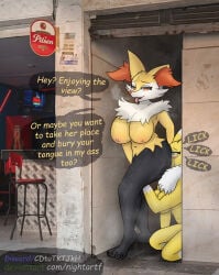 a_chance_encounter alleyway_milf_(meme) anal anthro bandai_namco bodily_fluids braixen butt_sniffing colombia digimon digimon_(species) dominant dominant_female duo english_text facesitting female female/female forced generation_6_pokemon hi_res medellin,_colombia nightartf nintendo oral pokemon pokemon_(species) renamon rimming sex sitting sitting_on_another sniffing sweat text