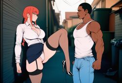 1boy 1girls ai ai_generated blouse chainsaw_man clevage dark-skinned_male dark_skinned_male garter_straps heels imminent_fight makima_(chainsaw_man) miniskirt office_clothing office_lady prussia123 ready_to_fight red_hair secretary secretary_outfit sexy sexy_body sexy_clothing sexy_female stockings