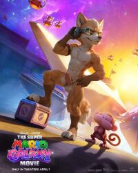 nintendo super_mario_galaxy super_mario_bros. star_fox fox_mccloud movie_poster movie_reference spacecraft nude nude_male penis balls monkey pose ai_generated
