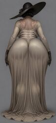 1girls ai_generated alcina_dimitrescu back back_view beads big_ass big_butt big_thighs black_hair capcom dark_hat dress female gray_background milf mommy pale_skin rear_view resident_evil resident_evil_8:_village rose sexy_pose srimbievil58 video_games white_dress