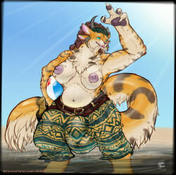 2026 4_ears 4_horns anthro areola big_breasts big_bulge biped black_body black_fur bottomwear breasts brown_hair bulge charr clothed clothing digital_media_(artwork) dreadlocks felid fur guild_wars gynomorph gynomorph_anthro hair hi_res horn huge_bulge intersex intersex_anthro long_taur mammal markings multi_ear multi_horn multicolored_body multicolored_fur nikkyvix nipples orange_body orange_fur oversized_bottomwear oversized_clothing oversized_pants pants partially_submerged pink_areola pink_nipples pregnant pregnant_anthro pregnant_gynomorph pregnant_intersex solo spots spotted_body spotted_fur striped_body striped_fur stripes taur topless topless_anthro topless_gynomorph topless_intersex wet wet_body wet_clothing wet_fur
