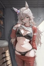 ai_generated umamusume umamusume_pretty_derby wonder_acute_(umamusume) green_eyes grey_hair hair_between_eyes horse_girl long_hair single_ear_cover streaked_hair shirt_lift pants_pull lifting_own_clothes pulling_own_clothes pulling_down_pants tracen_training_uniform red_jacket red_pants black_bra black_panties lace-trimmed_panties lace-trimmed_bra lingerie gym_storeroom looking_at_viewer