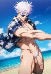 abs ai_generated almost_naked beach beach_background big_cock big_penis blue_eyes cock glasses jujutsu_kaisen male male_focus male_only muscles muscular muscular_male naked naked_male naked_shirt nude nude_male penis penis_out pubic_hair public_exposure public_nudity satoru_gojo shirt shirt_only shirt_open summer sunglasses toned toned_arms toned_body toned_male toned_stomach veiny_penis white_hair zettai101