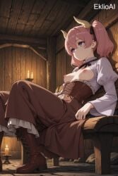 ai-created ai_art ai_assisted ai_generated artist:eklioai breasts breasts_out dress eklioai exposed_breasts exposed_nipples linie_(sousou_no_frieren) petite petite_body petite_female pink_hair purple_eyes sitting small_breasts sousou_no_frieren twintails