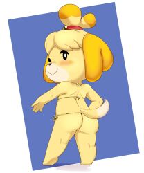 1girl 1girls 2d 2d_(artwork) 2d_artwork absurd_res absurd_resolution absurdres animal_crossing animal_crossing_new_horizons anthro anthro_female ass ass_crack ass_focus bikini blush blushing butt butt_crack butt_focus buttocks closed_mouth dog dog_ears dog_girl dog_tail furry furry_female furry_only golden_week golden_week_bikini high_resolution highres isabelle_(animal_crossing) looking looking_at_viewer looking_back micro_bikini sake_kemosalmon shortstack shortstack_female simple_background skimpy skimpy_bikini solo solo_female solo_focus yellow_body yellow_fur