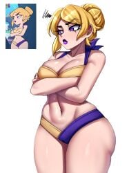 angry_expression arms_crossed belly big_ass big_breasts blonde_hair bra cleavage_overflow gameoverse hair_bun hips_wider_than_shoulders midriff miss_information_(gameoverse) panties pear-shaped_figure pear_shaped pear_shaped_female purple_lipstick rageman709 thick_thighs wide_hips