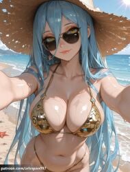 ai_generated arlequin097 azura_(fire_emblem) fire_emblem 1girl solo long_hair breasts looking_at_viewer smile large_breasts hat navel hair_between_eyes closed_mouth cleavage jewelry bare_shoulders very_long_hair blue_hair collarbone yellow_eyes swimsuit outdoors earrings bikini sky day cloud stomach water blue_sky eyelashes wet lips head_tilt shiny_skin skindentation ocean halterneck beach sunglasses sunlight outstretched_arms string_bikini sun_hat reaching brown_headwear sand straw_hat sun reaching_towards_viewer tinted_eyewear wet_hair yellow_bikini armpit_crease highleg_bikini starfish looking_over_eyewear gold_bikini