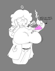 1girls aaanarkia ahoge big_breasts breast_expansion breasts breasts_focus clothed clothing doodle female female_focus female_only gigantic_breasts glasses huge_breasts hyper_breasts massive_breasts monochrome nerdy nerdy_female original_character potion potion_bottle scientist sketch top_heavy