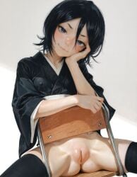 1girl solo looking_at_viewer petite sitting_backwards spread_legs on_chair head_rest head_tilt arm_rest upturned_eyes closed_mouth smug blush mesugaki kuchiki_rukia bleach hair_between_eyes black_kimono thighhighs presenting small_breasts covered_nipples cleft_of_venus trefoil hip_dips groin_tendon fat_mons zettai_ryouiki simple_background rinka5693 black_hair purple_eyes dutch_angle ai_generated ai_art