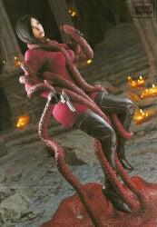 1girls 3d 3d_(artwork) 3d_render ada_wong alternate_version_available black_gloves bondage gloves horror hotlinereverie interspecies leather_gloves monster monster_on_female resident_evil revolver tentacle_bondage tentacles