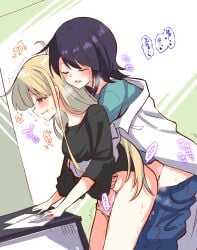 2girls ahoge bite_mark bite_mark_on_thigh black_hair blonde_hair blush cho_kaguya-hime! closed_eyes commentary_request futa_with_female futanari heart highres huleito kaguya_(cho_kaguya-hime!) lab_coat long_hair mole mole_under_eye multiple_girls open_mouth panties panties_around_one_leg red_eyes sakayori_iroha spoken_heart tearing_up translation_request underwear