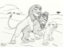 2009 anal bisexual disney feline feral furry gay kiara kovu lion mirri monochrome no_humans penis simba sketch the_lion_king the_lion_king_ii:_simba's_pride threesome