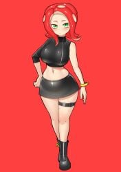 nobunagapero peronattu octoling agent_8_(splatoon) big_breasts red_background red_hair green_eyes splatoon splatoon_(series) octoling_girl tentacle_hair