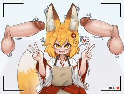senko_(sewayaki_kitsune_no_senko-san) sewayaki_kitsune_no_senko-san peace_sign yellow_eyes big_ears fox_ears fox_girl fox_tail tail disembodied_penis recording recording_video fang smile blush hair_ornament yellow_hair shoulder_length_hair heart penis big_penis balls looking_at_viewer 1girls 2boys crr001