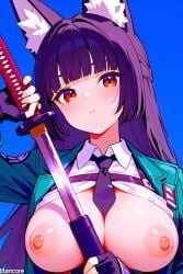 (titancore) ai_generated animal_humanoid black_hair breasts breasts_out cute_girl female fox_ears fox_girl fox_humanoid girl hime_cut holding_object hoshimi_miyabi katana kitsune long_ears long_hair monster_girl puffy_nipples red_eyes sword thiren video_game_character zenless_zone_zero